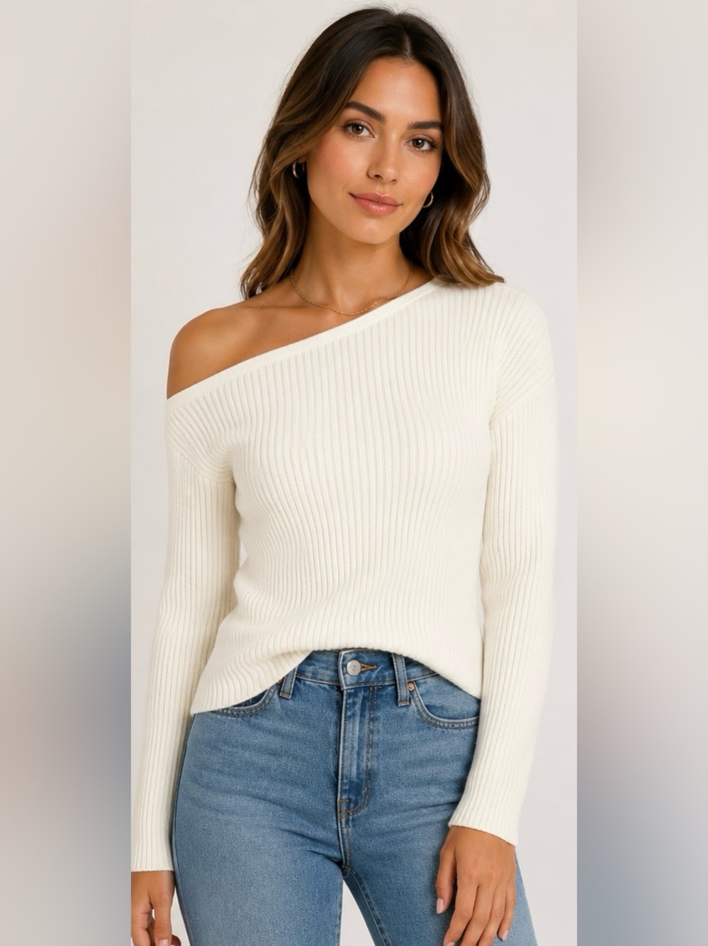 Hello Molly Dream Of A Different Kind Ivory Ribbed Top Size M NWT-One shoulder